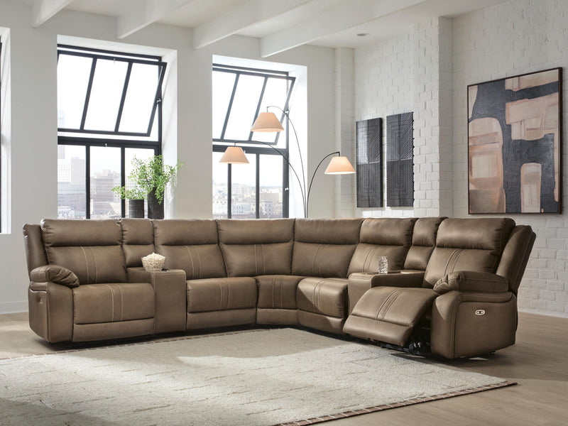 Signature Design by Ashley Max-Momentum reclining sectional sofa with plush cushions and reclining features in a modern living room setting.