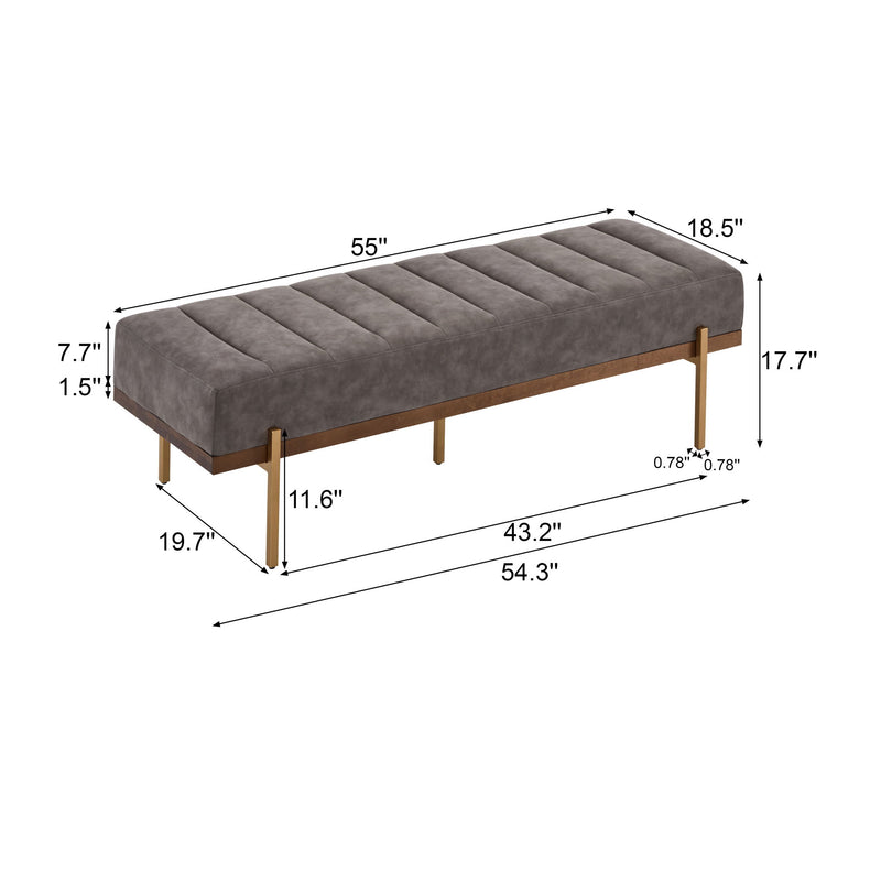 Noble House Thorian luxury upholstered ottoman bench with gray fabric, channel tufting, and gold metal base.