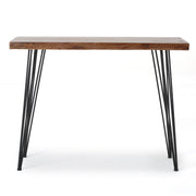 Modern industrial bar table with wood veneer top and metal hairpin legs by Noble House, stylish and sturdy for breakfast or casual dining.