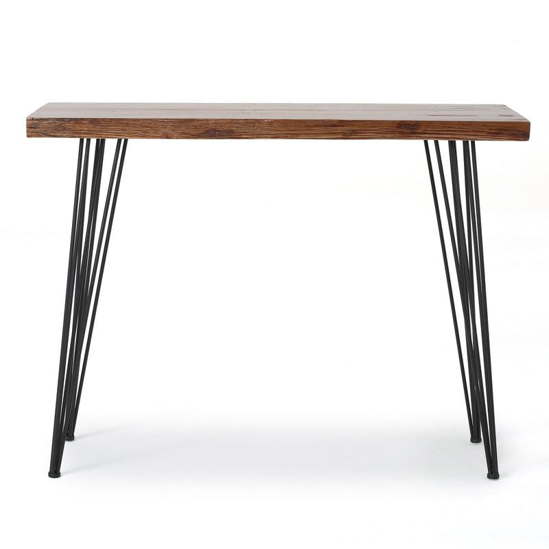 Modern industrial bar table with wood veneer top and metal hairpin legs by Noble House, stylish and sturdy for breakfast or casual dining.