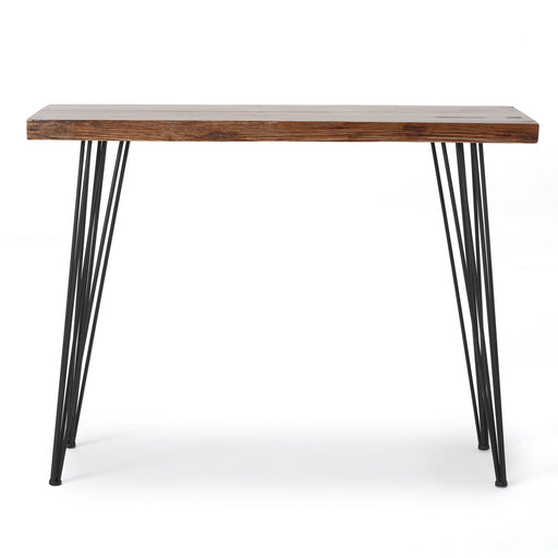 Modern industrial bar table with wood veneer top and metal hairpin legs by Noble House, stylish and sturdy for breakfast or casual dining.