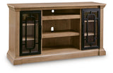 Signature Design by Ashley Wittenmyer TV stand with wood finish, open shelving, and storage compartments for modern living room.