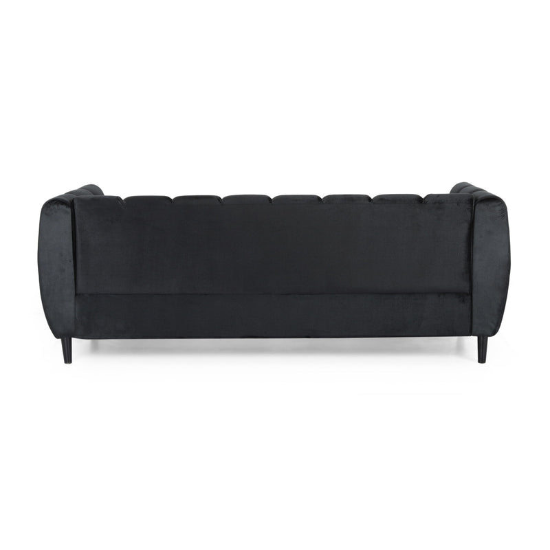 Noble House Miranda modern glam 3-seater stationary sofa with plush cushions and sleek design in a contemporary living room setting.