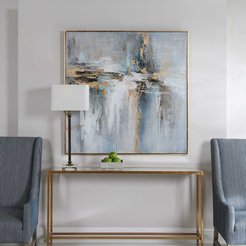 Abstract blue canvas art titled "Road Less Traveled" by Uttermost, featuring a modern, textured design on a framed canvas.