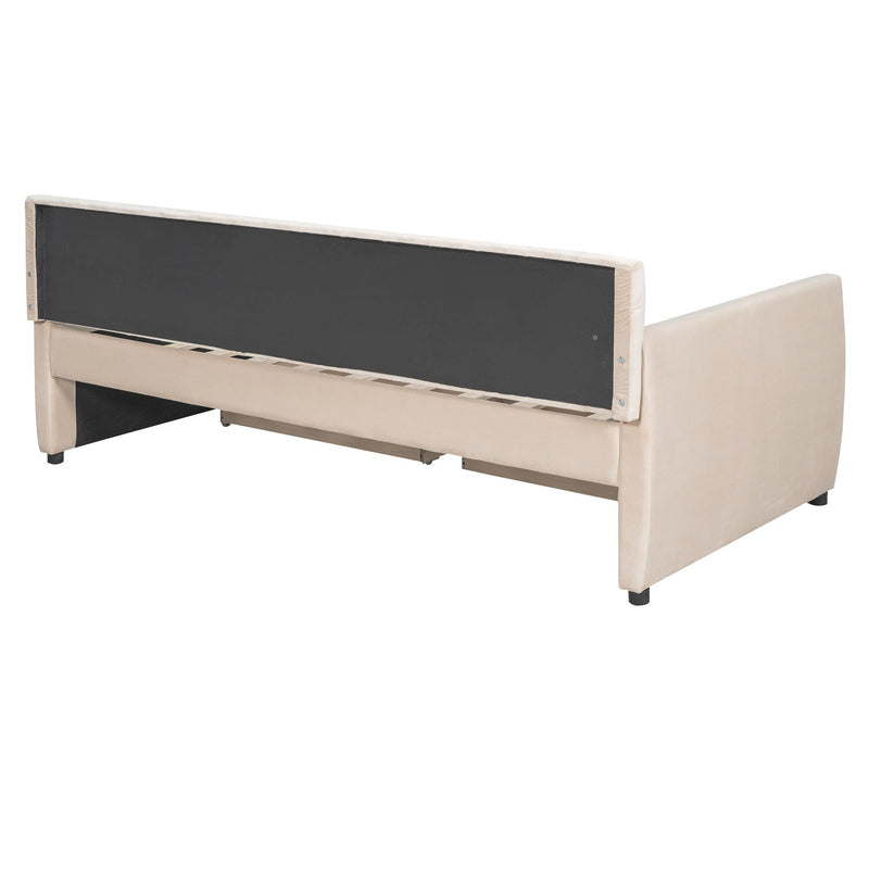 DreamHaus upholstered storage bed with slat support, featuring a plush padded headboard and built-in storage drawers.
