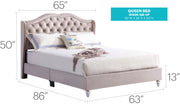 Transitional upholstered bed by Glory Furniture featuring a padded headboard and soft fabric in a modern bedroom setting.