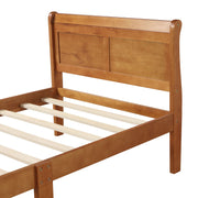 DreamHaus platform bed frame with wooden slats, sleigh-style headboard and footboard, sturdy mattress foundation in natural wood finish.