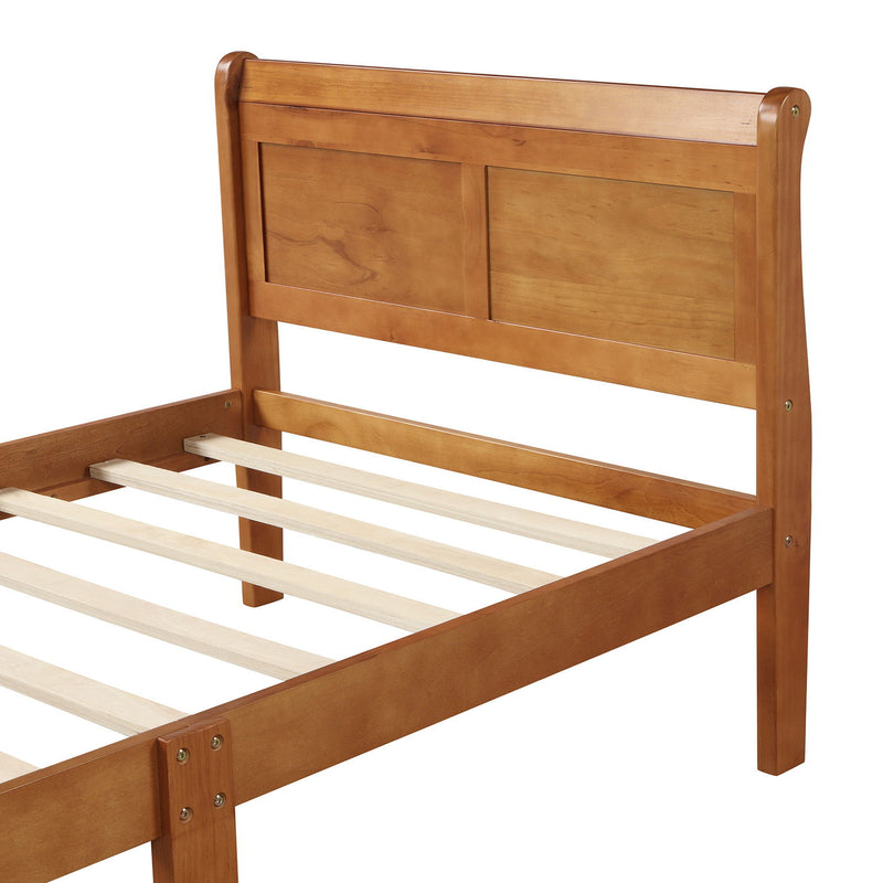DreamHaus platform bed frame with wooden slats, sleigh-style headboard and footboard, sturdy mattress foundation in natural wood finish.