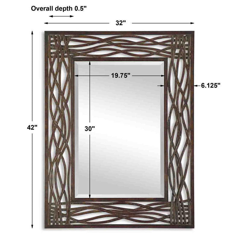 Uttermost Dorigrass metal wall mirror with a brown finish, featuring a round shape and modern design.