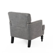 Noble House Harrison tufted club arm chair with button tufted back, upholstered fabric, and birch wood legs in a stylish living room setting.