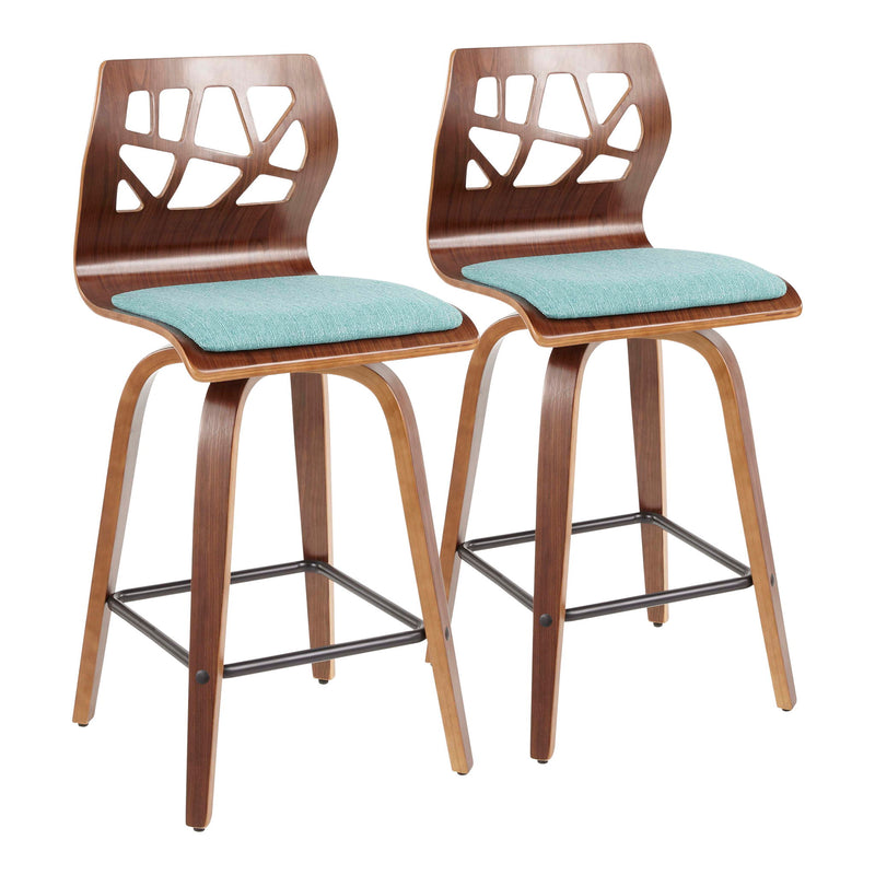 Pair of Lumi Source Folia Mid Century Modern counter stools in black with wooden legs, set of 2, suitable for kitchen or bar area.