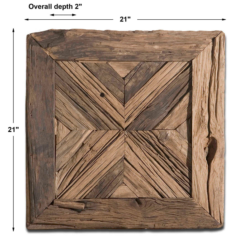 Uttermost Rennick reclaimed wood wall art in light brown, rustic wall decor with natural textured wooden panels.