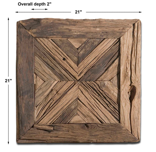 Uttermost Rennick reclaimed wood wall art in light brown, rustic wall decor with natural textured wooden panels.