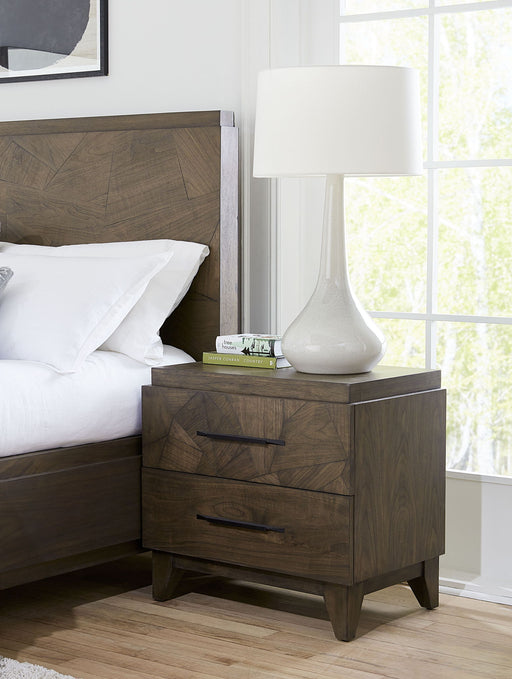 Modus Broderick two-drawer nightstand in Wild Oats Brown with sleek wood finish and modern design for bedroom storage.