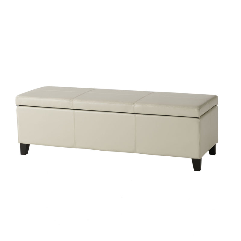 Noble House Glouster contemporary storage ottoman with a cushioned top and wooden legs, ideal for living room storage and seating.