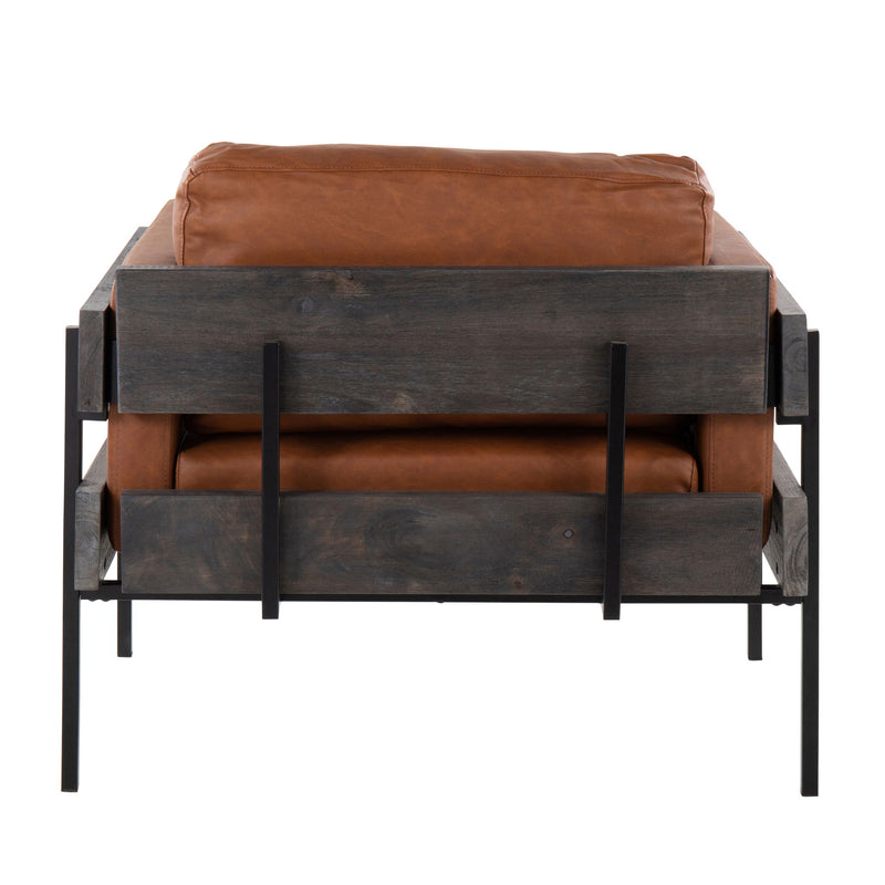 Lumi Source Kari farmhouse accent chair with wooden legs and beige upholstered seat and back in a cozy, rustic style.
