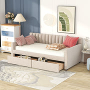 DreamHaus upholstered storage daybed with slat support, featuring a cozy fabric-covered frame and built-in under-bed storage.