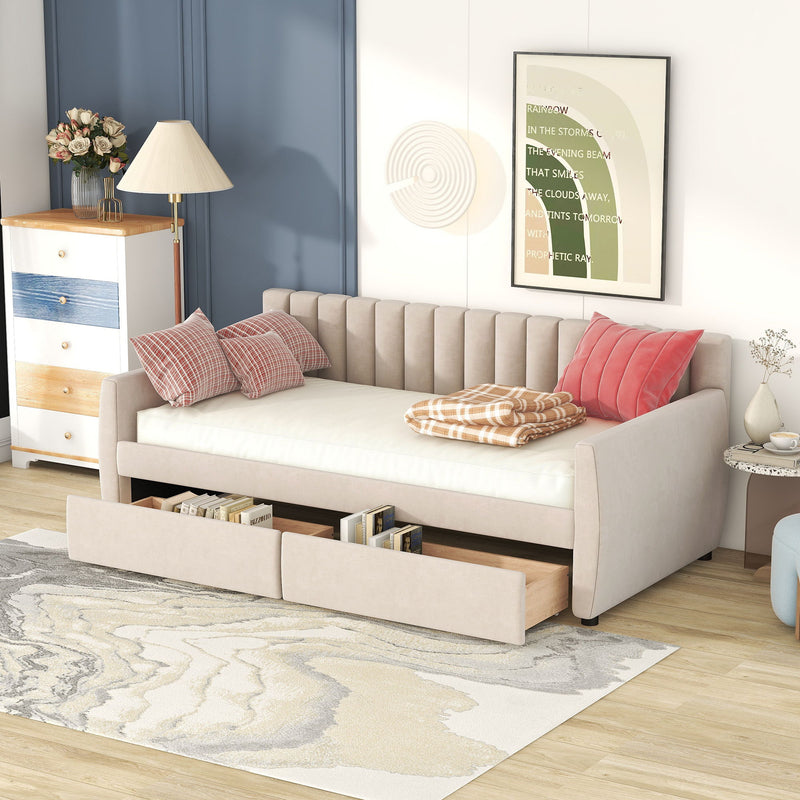 DreamHaus upholstered storage daybed with slat support, featuring a cozy fabric-covered frame and built-in under-bed storage.