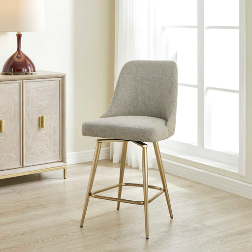 Gray upholstered counter stool with gold metal legs, 24-27 inch height, from Uttermost's Bramwell collection.