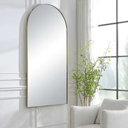 Crosley Arch Mirror by Uttermost with antique brass finish, wall-mounted mirror featuring an elegant arched frame and vintage-inspired design.