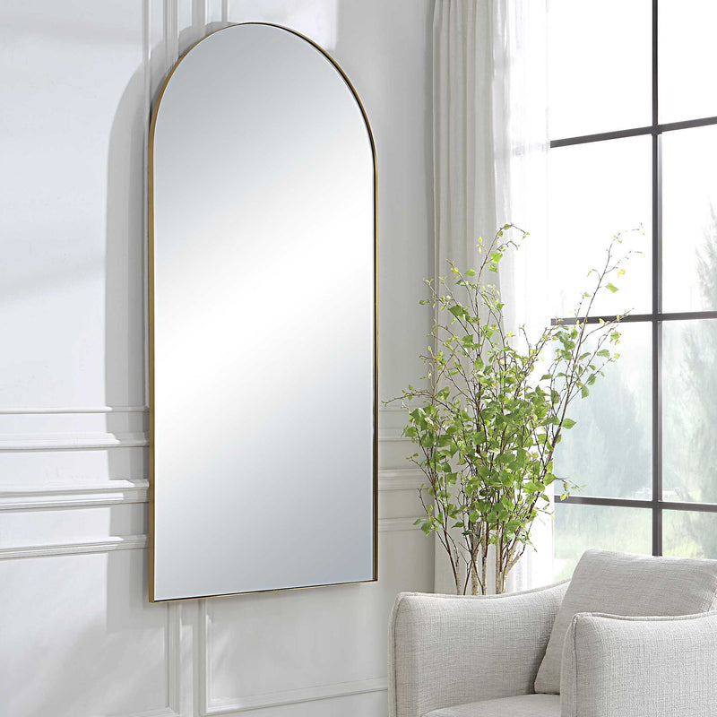 Crosley Arch Mirror by Uttermost with antique brass finish, wall-mounted mirror featuring an elegant arched frame and vintage-inspired design.