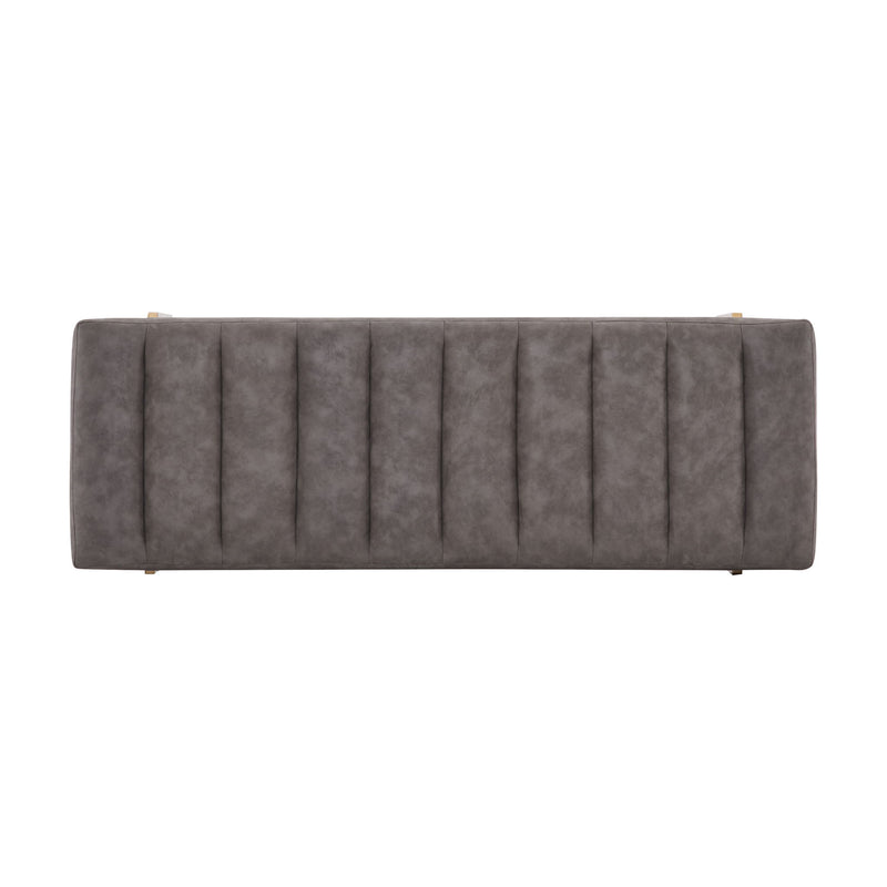 Luxury upholstered Noble House Thorian ottoman bench with channel tufting, gold metal base, gray fabric, and plush cushioning.