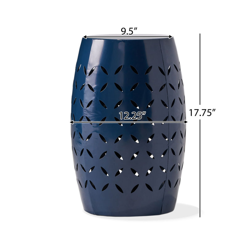 Navy blue outdoor lace cut side table by Noble House, featuring intricate lattice design and sturdy metal construction.