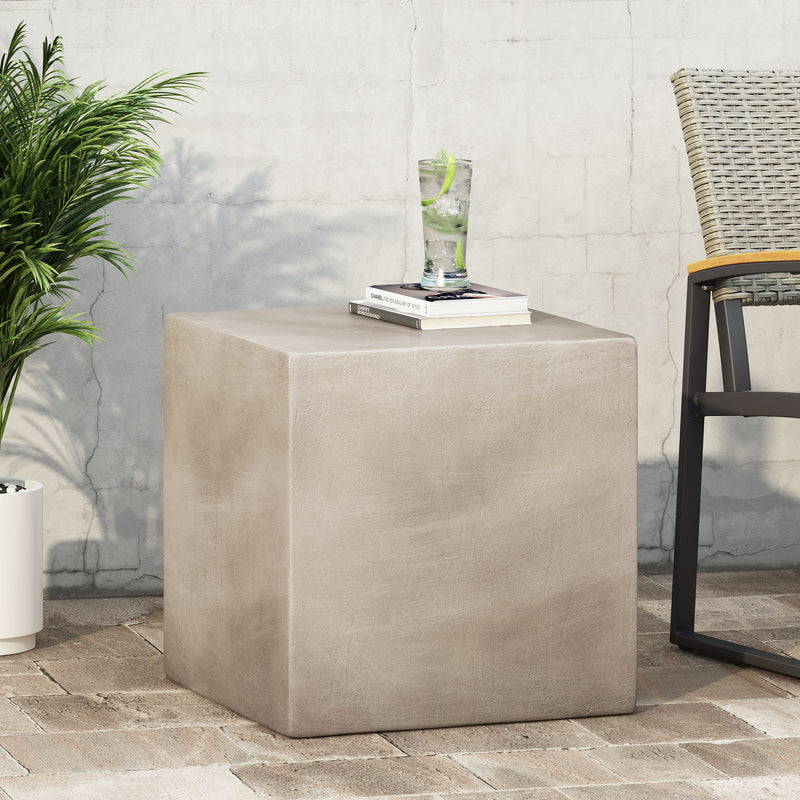 Noble House square lightweight side table suitable for indoor or outdoor use, with a sleek modern design and sturdy frame.