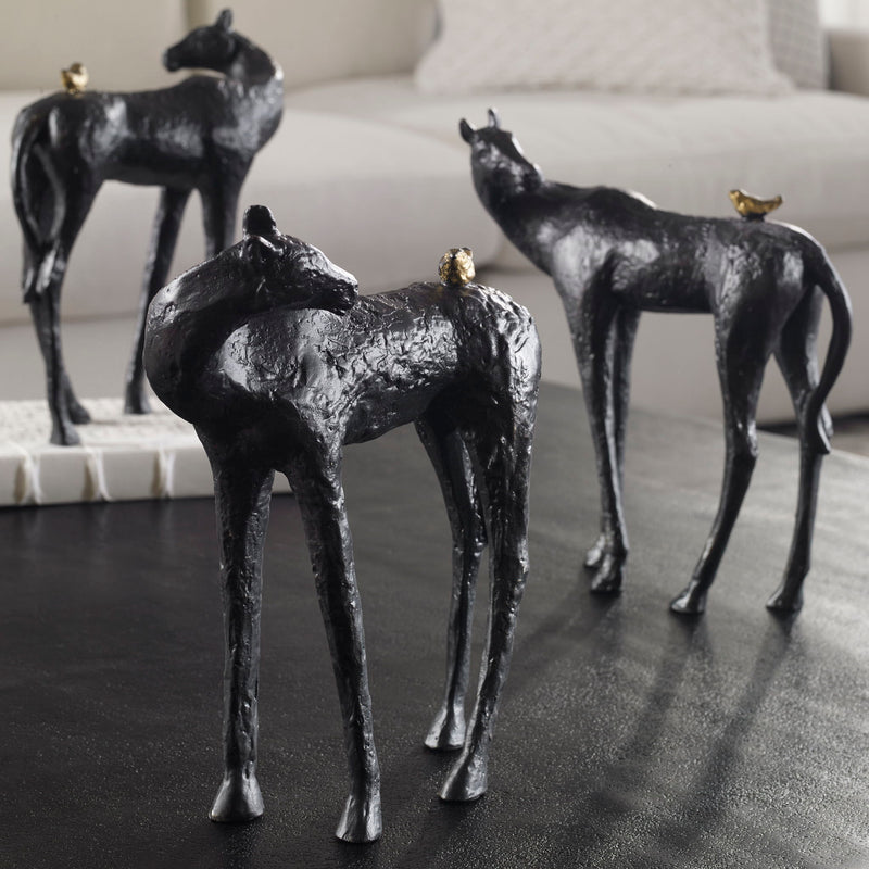 Black horse sculpture from Uttermost's Hello Friend collection, featuring detailed craftsmanship in a stylish decorative figurine.