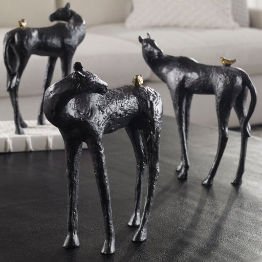 Black horse sculpture from Uttermost's Hello Friend collection, featuring detailed craftsmanship in a stylish decorative figurine.