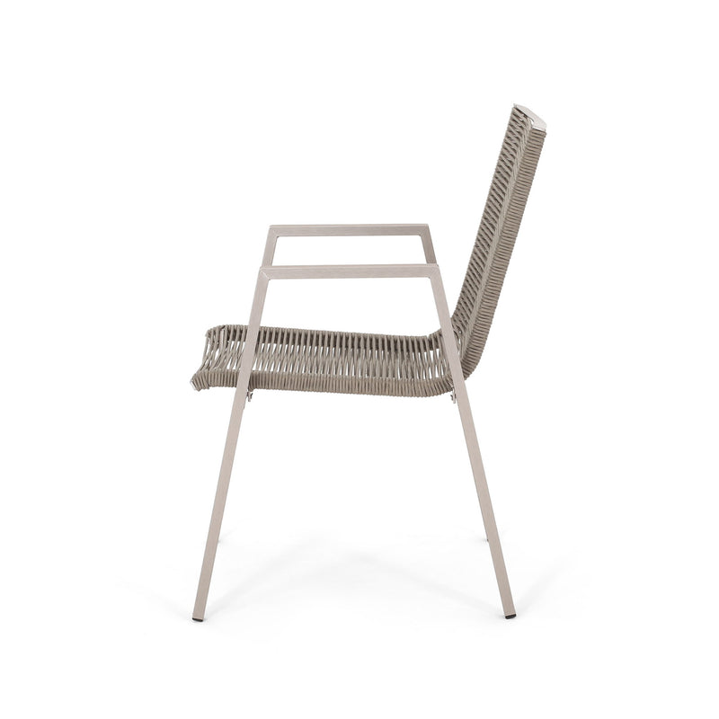 Noble House outdoor modern aluminum dining chair set with rope sea design, includes two stylish weather-resistant chairs for patio use.