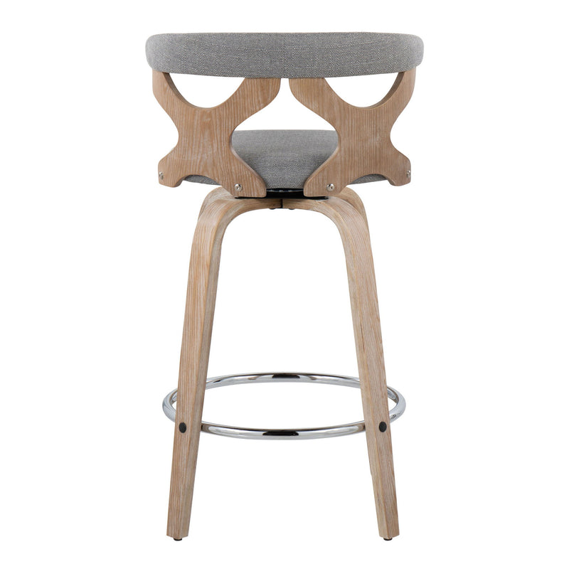 Set of two Lumi Source Gardenia mid-century modern fixed height counter stools with swivel seats, featuring wooden legs and upholstered seats.