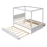 DreamHaus canopy platform bed with built-in drawers, support slats, and no box spring needed, shown in a modern bedroom setting.