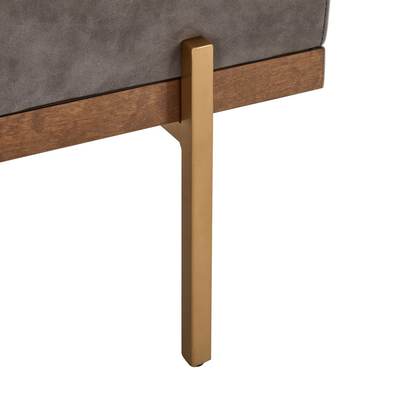 Noble House Thorian upholstered ottoman bench with gold metal base, channel tufting, and gray fabric, modern and luxurious design.