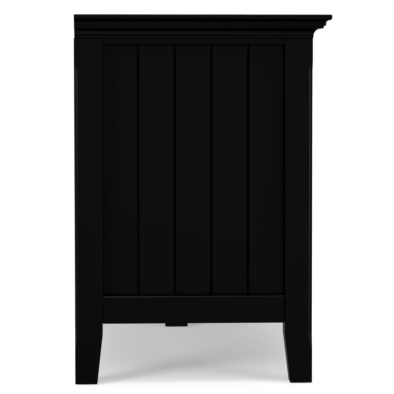 Simpli-Home Acadian TV media stand with open shelving and storage cabinets in a classic design, ideal for modern living rooms.