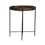 Modern industrial round end table by Noble House with natural finish, tray top, and foldable iron legs for versatile use.