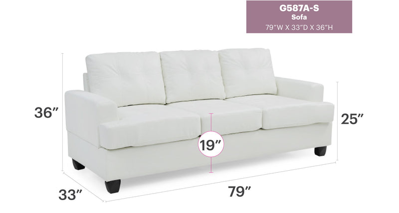 Glory Furniture Sandridge stationary sofa with plush cushions and fabric upholstery in a modern living room setting.