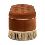 Jennifer Taylor Home Melinda oval tufted storage bench with bullion fringe, beige upholstery, and wooden legs.