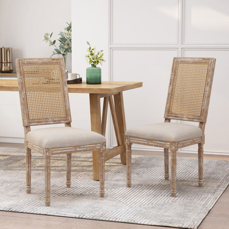 French Country Dining Chair With Rectangular Cane Backrest And Smooth Upholstered Seating - R&R Furniture Gallery (Fountain Valley, CA)