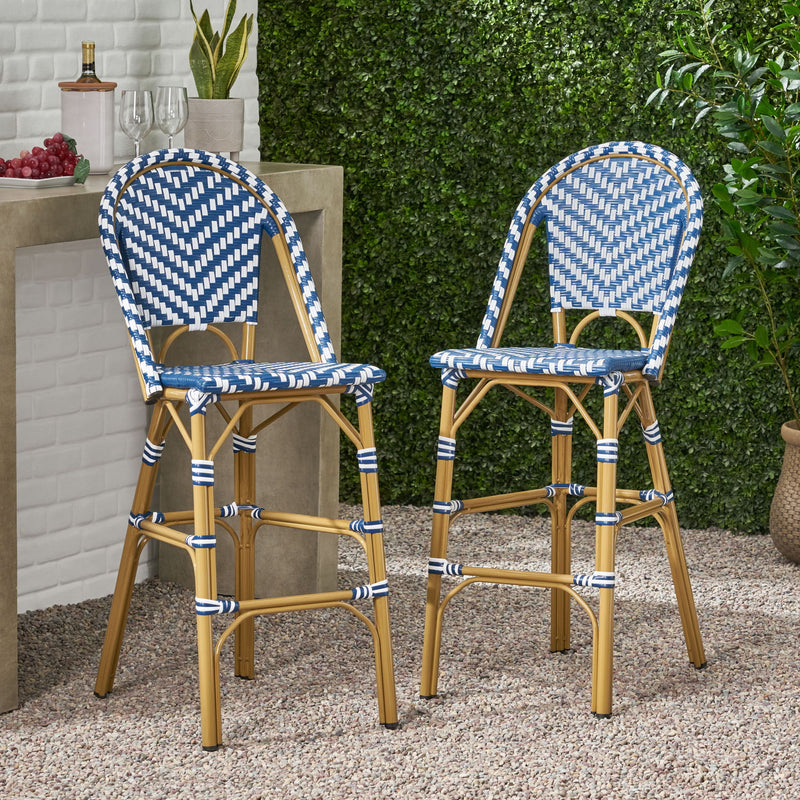 Outdoor Rattan French Barstool Set,, Bamboo, Seat Height - Navy Blue / White - R&R Furniture Gallery (Fountain Valley, CA)