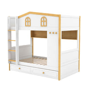 Dreamland white and natural twin over twin bunk bed with house-shaped guardrails, storage shelves, and drawers in a cozy bedroom setting.