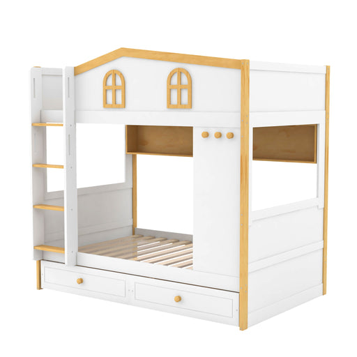 Dreamland white and natural twin over twin bunk bed with house-shaped guardrails, storage shelves, and drawers in a cozy bedroom setting.