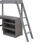DreamHaus loft bed with integrated shelves and desk, featuring a sturdy wooden frame and a cozy sleeping area with workspace.