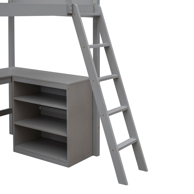 DreamHaus loft bed with integrated shelves and desk, featuring a sturdy wooden frame and a cozy sleeping area with workspace.