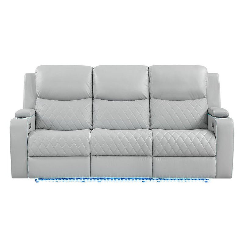 Elonzo - Power Motion Sofa With LED, Power Headrest & Speaker - Light Gray - R&R Furniture Gallery (Fountain Valley, CA)