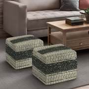 Handcrafted square accent pouf by Simpli-Home featuring soft fabric upholstery and a sturdy wooden base.