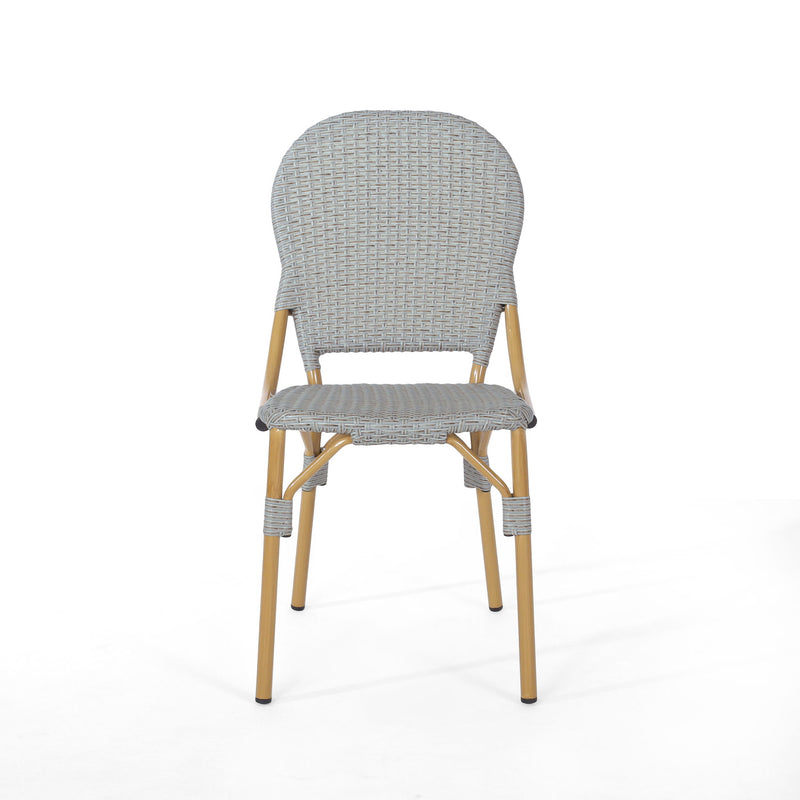 Set of two Noble House outdoor rattan and aluminum armless French bistro chairs in dark gray, suitable for patio or garden.