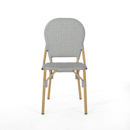Set of two Noble House outdoor rattan and aluminum armless French bistro chairs in dark gray, suitable for patio or garden.
