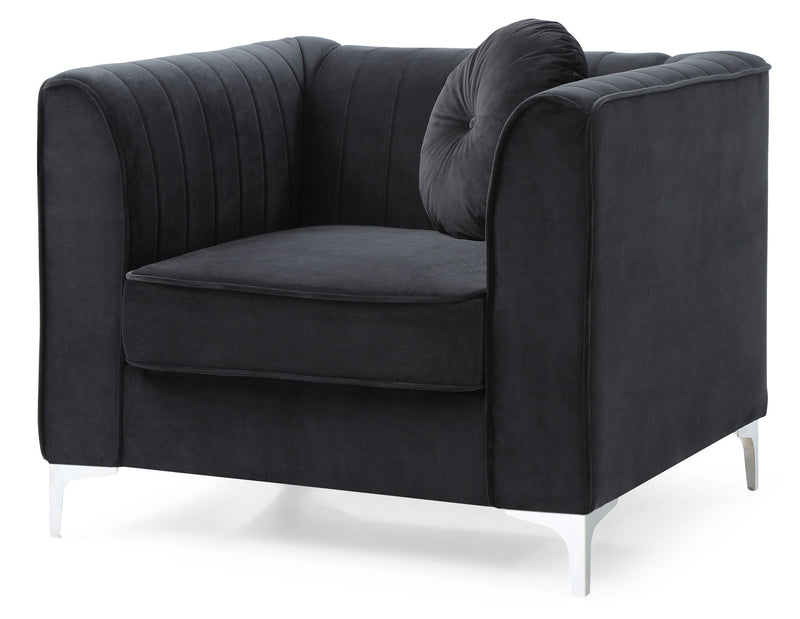 Contemporary sloped armchair by Glory Furniture with plush upholstery and modern design, shown in a cozy living room setting.