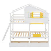 DreamHaus bunk bed with playhouse roof and window, featuring a cozy design and fun play area for children.
